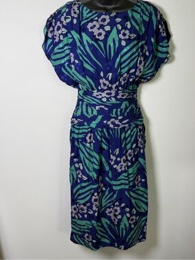 VTG 80s Maggy London Jeannene Booher 100% Silk Abstract Botanical Dress Navy 4